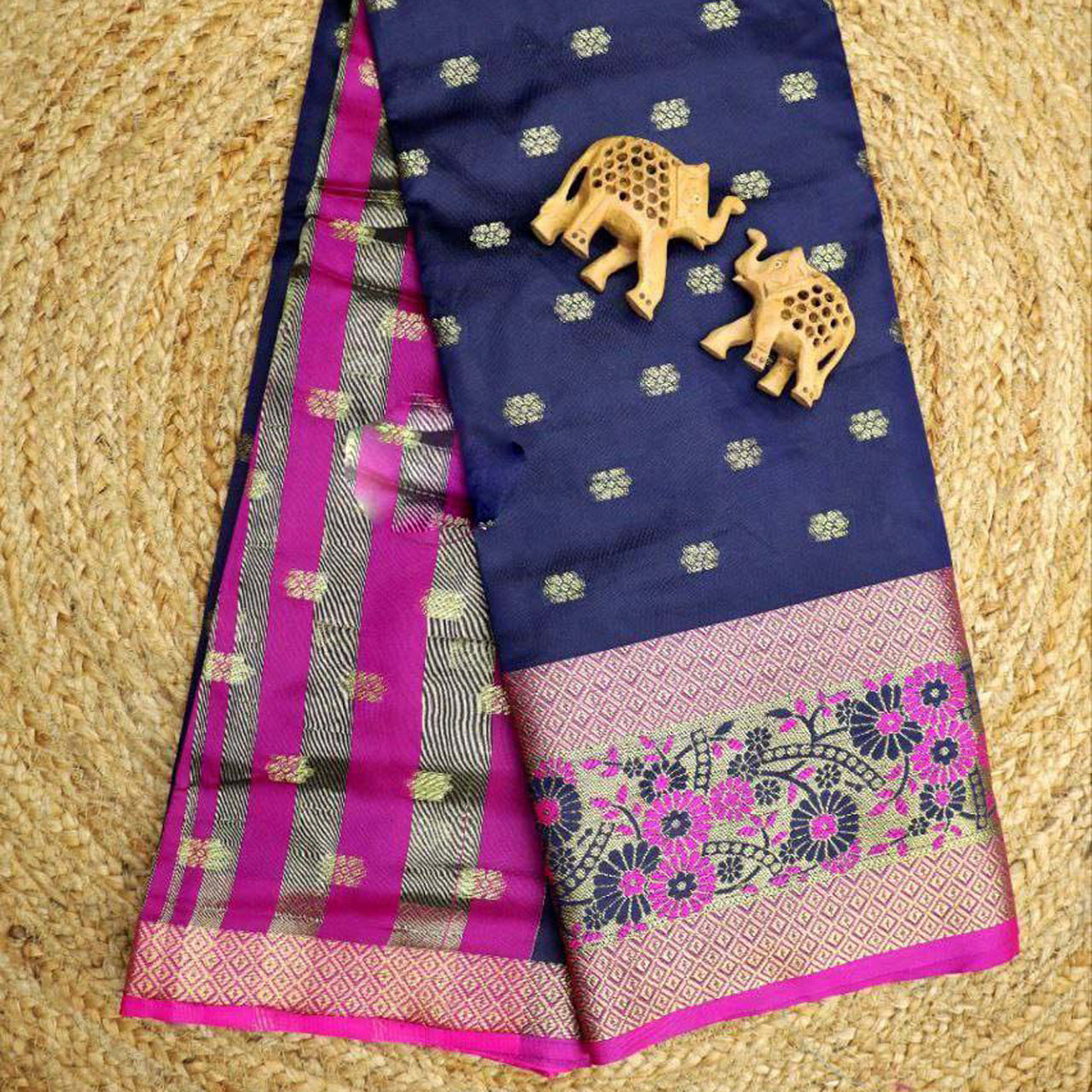 Navy Blue Color Weaving Work Function Wear Korvai Silk Saree