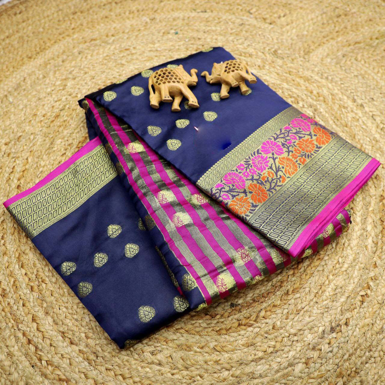 Navy Blue Korvai Silk Fancy Weaving Work Saree