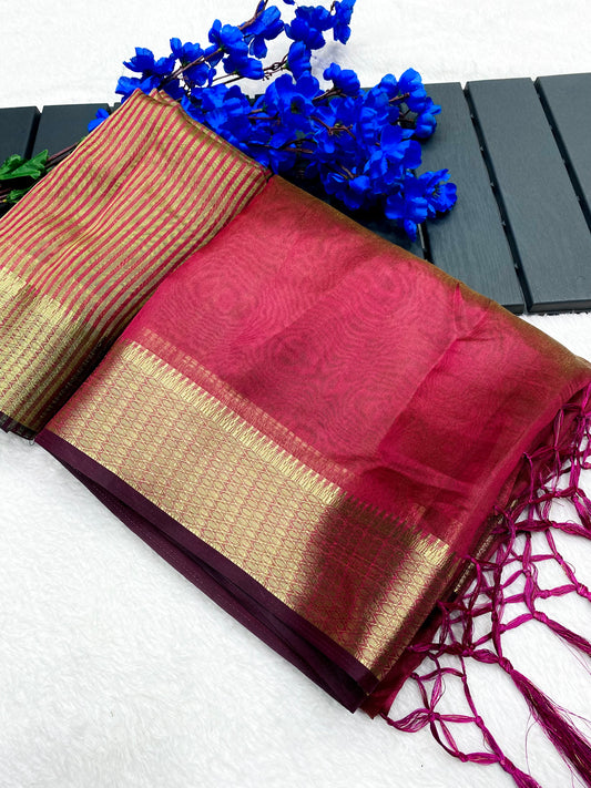 Red Tissus Silk Gold Zari Border Design Saree