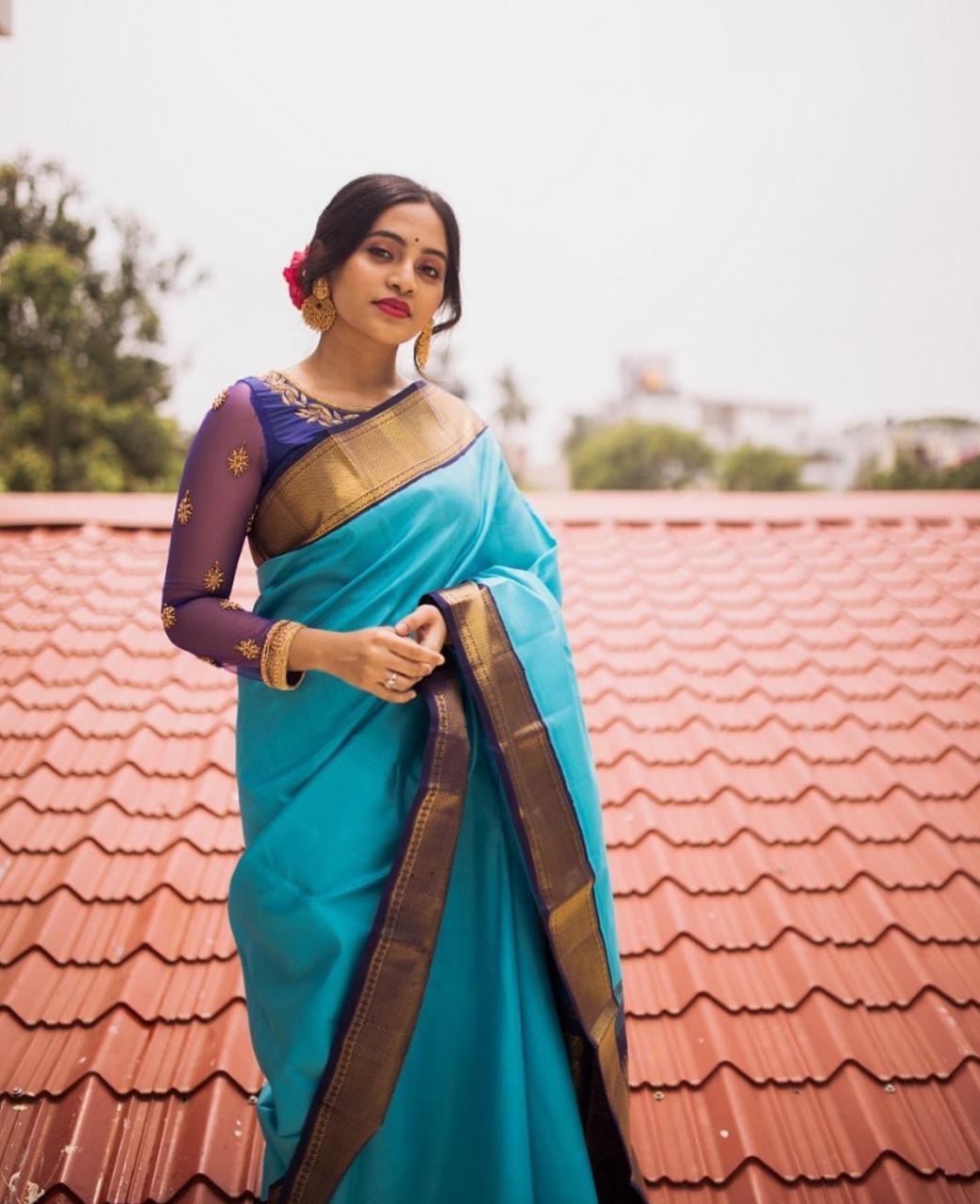 blue jacquard printed soft lichi silk saree