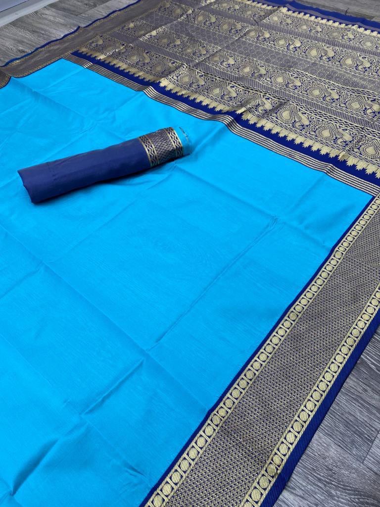 blue printed soft lichi silk saree