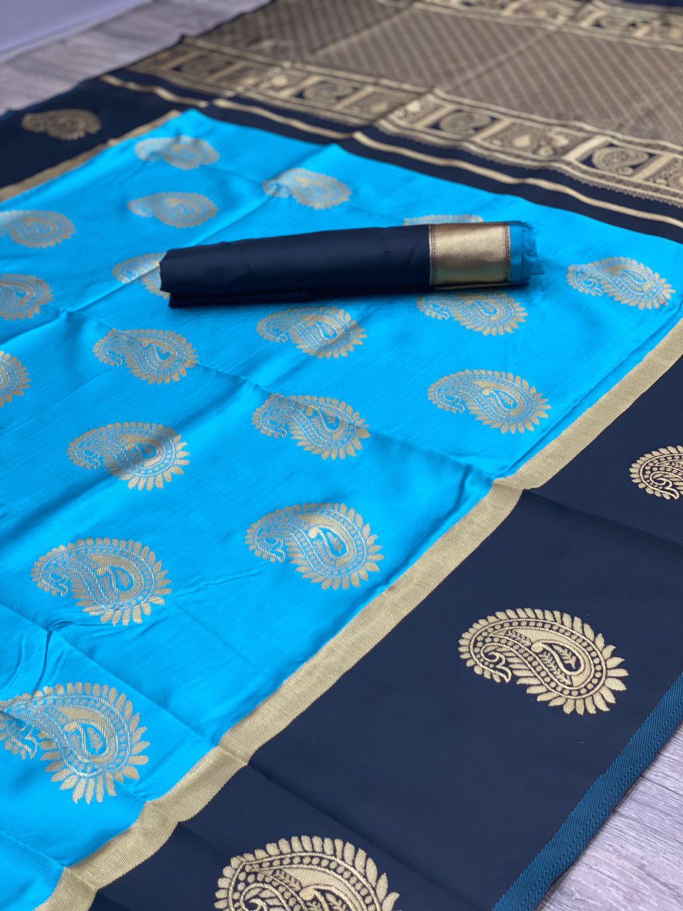 Sophisticated Zari Woven Banarasi Soft Silk Saree in Elegant Black and Blue Shades