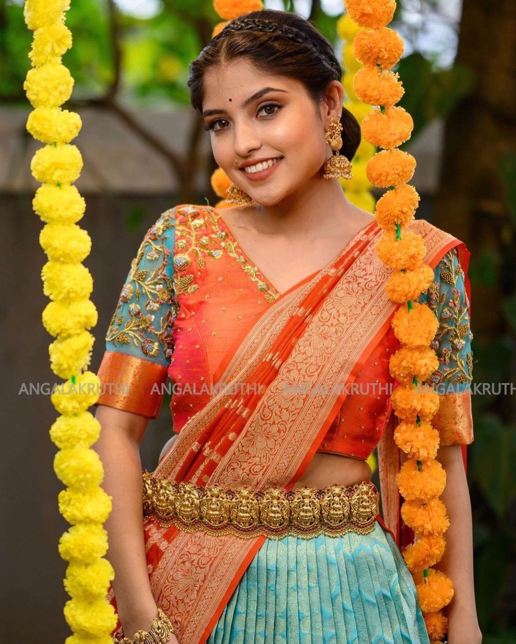 blue and orange zari lehenga choli