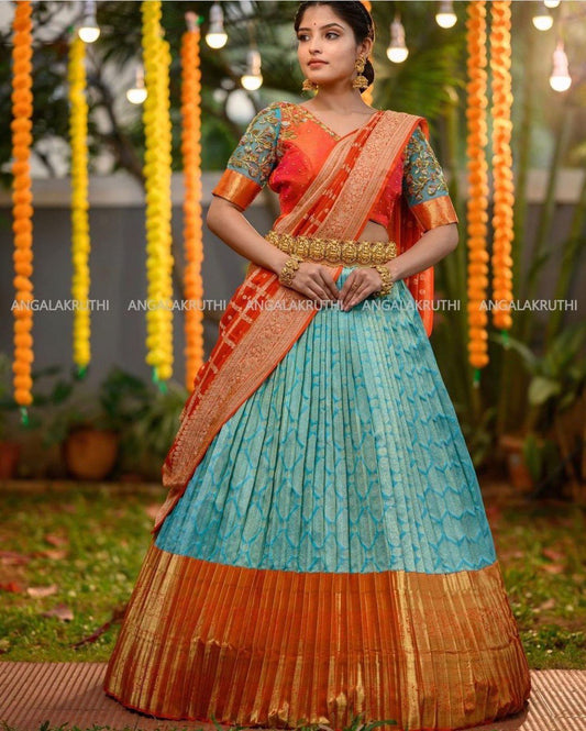 blue & green zari embroidered lehenga choli for wedding