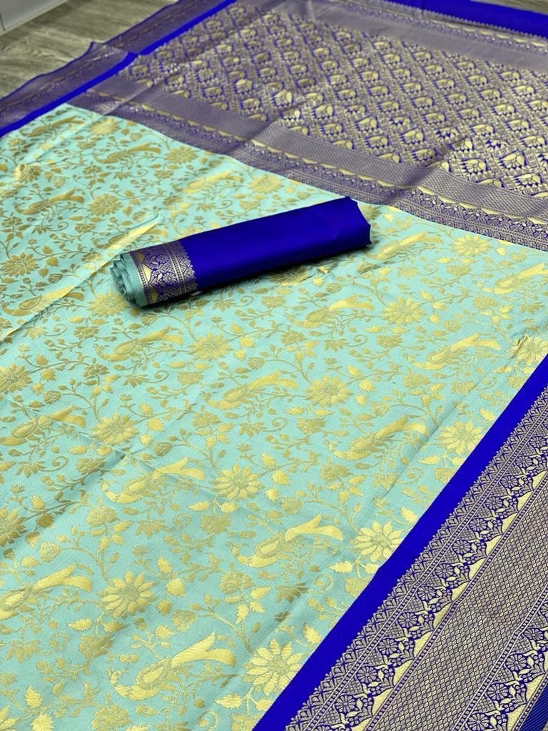 Detailed shot of the beautiful Kadwa technique on a Banarasi Soft Silk Saree