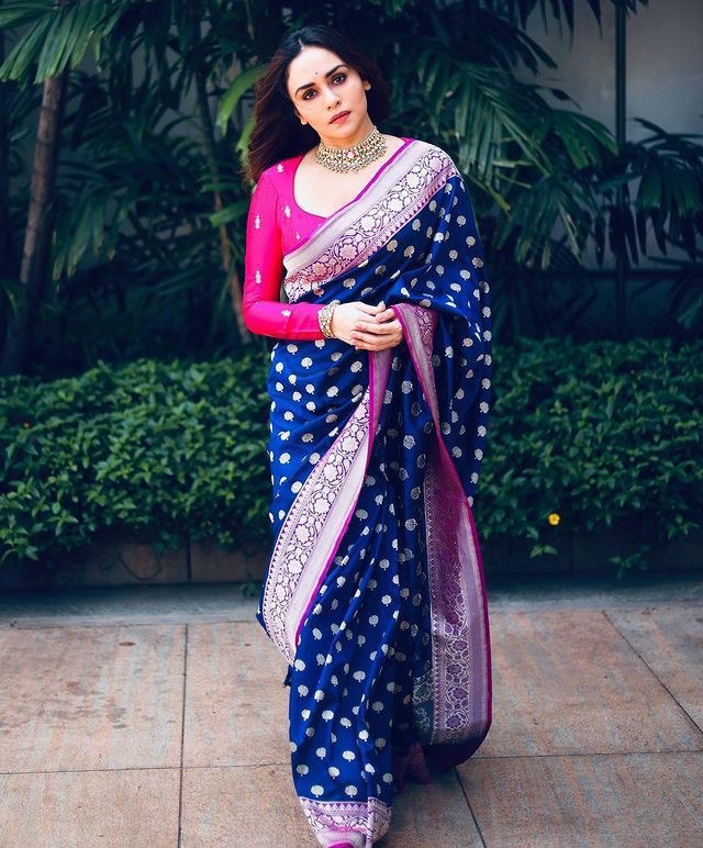 blue and pink silk saree