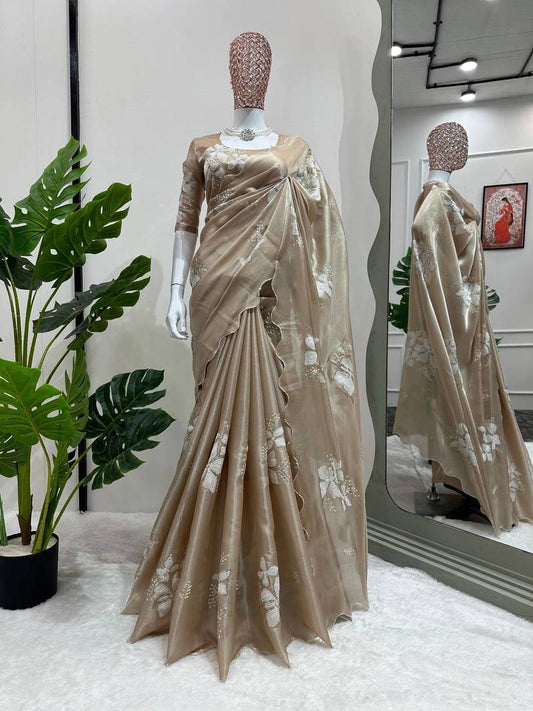 Ivory Shade Shimmery Tissue Silk Saree